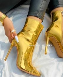 Boots Sexy Women Shining Gold Silver Thin Heel Short Pointed Toe Patent Leather Stiletto Ankle Booties Big Size Dress Heels