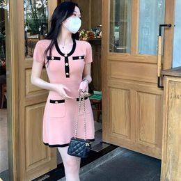 Fashionable Spring/Summer Dress Contrast Colour Button Pocket Elegant Knitted Short sleeved Dress Sexy Body Sweater Dress P541 240515