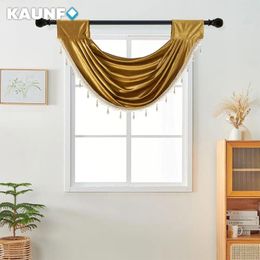 Curtain KAUNFO European Style Gold Window Valance With Fringe Tassel For Kitchen Decor Easy Instal Rod Pocket 1PC