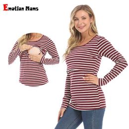 Maternity Tops Tees Striped Maternity T-shirts Long Sleeve Nursing Breastfeeding Clothes For Pregnant Women Cotton Postpartum Tees Free Shipping Y240518ECEN