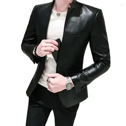 Men's Suits Men Suit Black Slim Fit Blazer Hombre PU Leather Jacket Male One Button Business Casual Prom Korean Coat