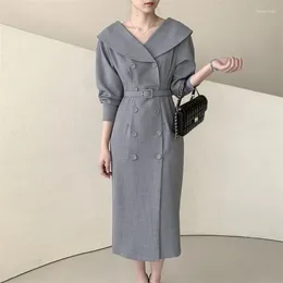 Casual Dresses Korean Gentle Vestidos Women Vintage Notched Tie Waist Slim Robes 2024 Autumn Double Breasted Lantern Sleeved Party Dress