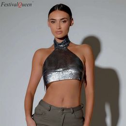 FestivalQueen Sexy High Neck Sequin Metal Sparkly Crop Open Back Top With Rxposed Belly Button T-shirt Party Bar Ve Sexy Costumes