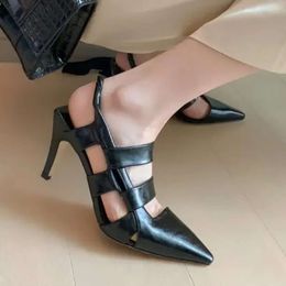Sandals Black Summer Red Pink White Leather Pointed Toe Slingback Fashion Women Hollow Cuts Out Cage 3 Inches Heels ShoesSandals sa Shoes c44d