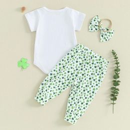 Clothing Sets Baby Girl St Patricks Day Outfit Short Sleeves Romper Letter Print Bodysuit Tops Long Pants Headbands With Bows