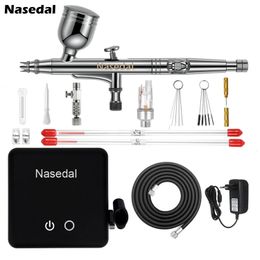 Nasedal Auto-Stop Function Airbrush Compressor 7cc 0.3mm Dual-Action Airbrush Spray Gun for Model Cake Painting Nail Art 240516