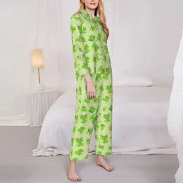 Home Clothing Pyjamas Women Cute Frog Leisure Sleepwear Green Animal Print 2 Pieces Casual Pyjama Set Long Sleeves Warm Oversize Suit
