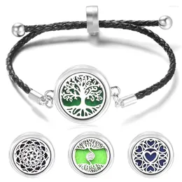 Bangle Tree Of Life Stainless Steel Adjustable Black Leather Women Bracelet Essential Oil Diffuser Lockets Jewelry