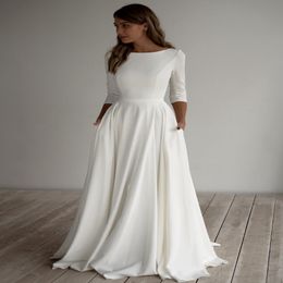 2020 A-line Crepe Modest Wedding Dress Long Sleeves Pockest Sweep Train Simple Elegant Informal Boho Bridal Gowns Sleeved Custom Made 254V