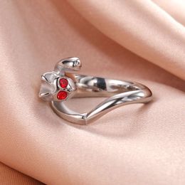 Cat Stainless Steel Red Blue Zircon Eyes Kitten Finger Ring For Women Couple Wedding Gothic Jewellery Gifts Wholesale