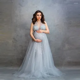 Party Dresses Demure Dusty Blue Florals Beads Appliques Tulle Maternity Gowns Halter Floor Length Sheer Mesh Long Pregnancy Women Robes