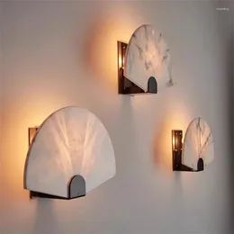 Wall Lamp Wabi-sabi Japanese Chinese Marble Fan-shaped Lamps Bedroom Bedside Living Room Aisle Sconces Lights Fixtures