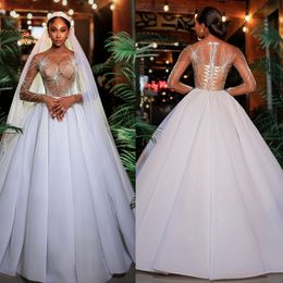 Aso Ebi A Line Wedding Dress for bride sheer neck long sleeves Wedding Dresses embroidery beaded lace up back Arabic black women designer bridal gowns