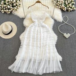Casual Dresses Chic Elegant Hollowed Out Knit Vest Dress For Women Holiday Waistband Show Thin Sleeveless White Mesh Long Summer 2024