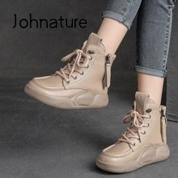 Boots Johnature Genuine Leather Ankle Shoes Women 2024 Winter Round Toe Leisure Handmade Concise Comfortable Platform