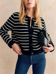 Women's Sweaters Women Wool Stripes Knit Cardigan Turn-down Collar Loose Single Breasted Casual Spring 2024 Female Sweater Coat