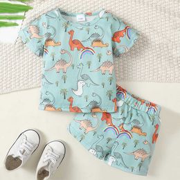 Clothing Sets 2 cute dinosaur and tiger graphic printed T-shirts and shorts set for baby boys J240518