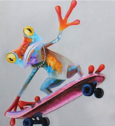 Cool Skateboard Frog Animal Handpainted Oil Painting on Canvas Mural Art Picture for Office Home Living Bedroom Wall Decoration9469199