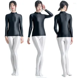 Women's Swimwear Colour Glossy Sexy Long Sleeve High Neck Shiny Sports Clothes Slim Sport Tights Spring Smooth Sweat Shirt