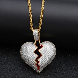 Iced out CZ Broken Love Heart pendant necklaces Bling Cubic zirconia Gold Silver charm Twisted chain For women men Rapper Hip Hop Jewel 261C