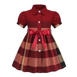 Baby Girl Red Dress Summer Bowknot Kids Lapel College Short Sleeve Pleated Shirt Skirt Children Clothes Kids Cotton Clothing with Button