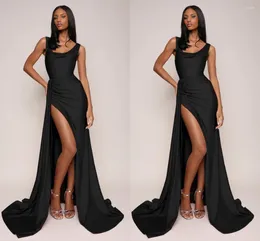 Party Dresses Sexy Black Mermaid Prom Long For Women Plus Size Straps High Side Split Pleats Draped Floor Length Evening Gowns