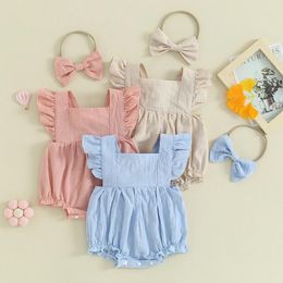 Clothing Sets Baby Girl 2 Piece Set Square Neck Sleeve Frill Trim Solid Color Romper 3D Bow Headband Infant Toddler Summer Outfits