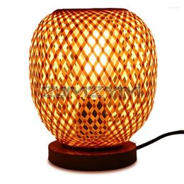 Table Lamps Rattan Lamp Plug-in Beside Vintage Wooden Nightstand Bamboo Woven End For Bedroom Living Room