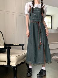 Casual Dresses Summer Blue Dress Womens Tassels Straps Sleeveless Sexy Korean Fashion Simple Temperament 2024 Female Denim Long