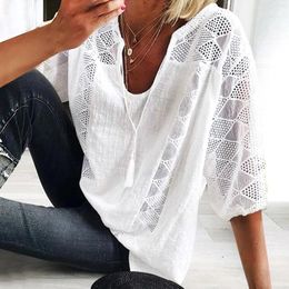 Women's Blouses Cotton Linen Tunic Tops V Neck 3/4 Sleeve Fashion Casual Loose Lace Plus Size Blouse Ladies Daily Clothing 2024