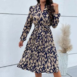 Casual Dresses Elegant Floral Pleated For Women Autumn Long Sleeve Party A Line Dress Lace Up High Waist Womens Boho