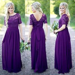 Newest Purple Bridesmaid Dresses Short Sleeves Lace Sequins Scoop Neck Chiffon Floor Length Maid of Honour Gown Country Wedding Guest We 304V