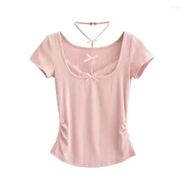 Women's T Shirts Summer Clothes Women 2024 Korean Fashion Black Lace & Blouses Cropped Side Ruched Halter Top Pink Bow Tie