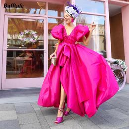 Party Dresses Bafftafe Fuchsia Short Sleeves Prom V-Neck Split Front Women Evening Gowns A Line Formal Special Occasion Dress
