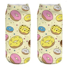 Women Socks 3 Pairs Cotton Low Cut 2024 Funny Cute Cartoon Print Harajuku Food Colourful Donut 3D Digital Boat Sockings
