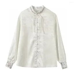 Women's Blouses Zach Ailsa 2024 Spring Product Fashion Versatile Stand Up Neck Long Sleeve Jacquard Embroidered Shirt