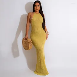 Casual Dresses Backless Knitted Long Dress Women Sexy Lace Up Halter Sleeveless Bodycon Maxi Club Party Robe Vacation Swimsuit Cover Ups