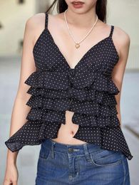 Women's Tanks Women V-Neck Camisoles Dot Print Multi-Layered Ruffle Spaghetti Strap Sleeveless Tank Tops Summer Vests