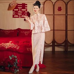 Cantonese Embroidery Chinese Trend Wedding Ceremony Coat + Cheongsam Toasting Gown Bride's Engagement Two-Piece Set Pink Dress