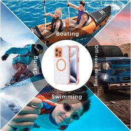Magnetic Waterproof Clear Phone Case for iPhone 15 Pro Max 5G Outdoor Sports Lanyard Full Protective Heavy Duty Transparent Shell Supporting Wireless Charging