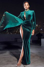 Runway Dresses Winter Women Velvet Maxi Evening Dress Sexy High Waist Long Slves Wedding Dress Side Slit Mermaid Elegant Cocktail Party Dress T240518