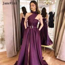 Party Dresses JaneVini 2024 Sexy Morocco Kaftan Evening With Sash Pockets Halter A Line Satin Side Split Dubai Women Long Gowns