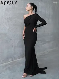 Casual Dresses Akaily Black One Shoulder Backless Maxi Dress Evening Party For Women 2024 Autumn Long Sleeve Pleated Bodycon