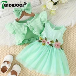 Clothing Sets 3M-3Y Kids Baby Girls Summer Clothes Cardigan Ruffle Sleeve Short Coat Embroidery Lace Vest Dress With Bowknot Headband 2Pcs