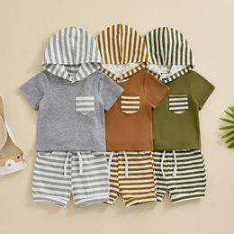 Clothing Sets FOCUSNORM 0-3Y Toddler Baby Boys Summer Clothes 2pcs Striped Patchwork Short Sleeve Hooded Tops And Drawstring Shorts