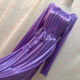 Casual Dresses Spring Autumn Sexy Women Glossy Satin Long Dress With Belt Sleeve Pleated Loose Silk Maxi Sleeping Robe