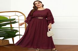 Plus Size Dresses Party Women Spring Autumn Long Sleeve Plaid Print Red Formal Dress Belted Big Maxi4447070