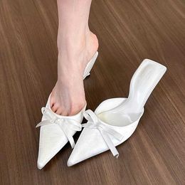 Dress Shoes New Silk Butterfly-knot Womens Slippers Sandals Pointed Toe High Heel Pumps Ladies Stripper Mules H240517