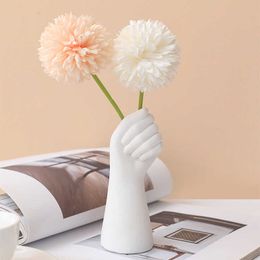 Vases Creative hand shaped resin vase ornaments living room flower arrangement dining table dry simulation light luxury and niche home decoration H240517