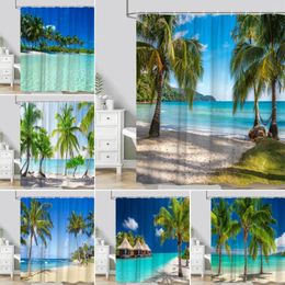 Shower Curtains Ocean Seaside Curtain Beach Waves Tropical Palm Tree Nature Scenery Mediterranean Polyester Fabric Bathroom Decor